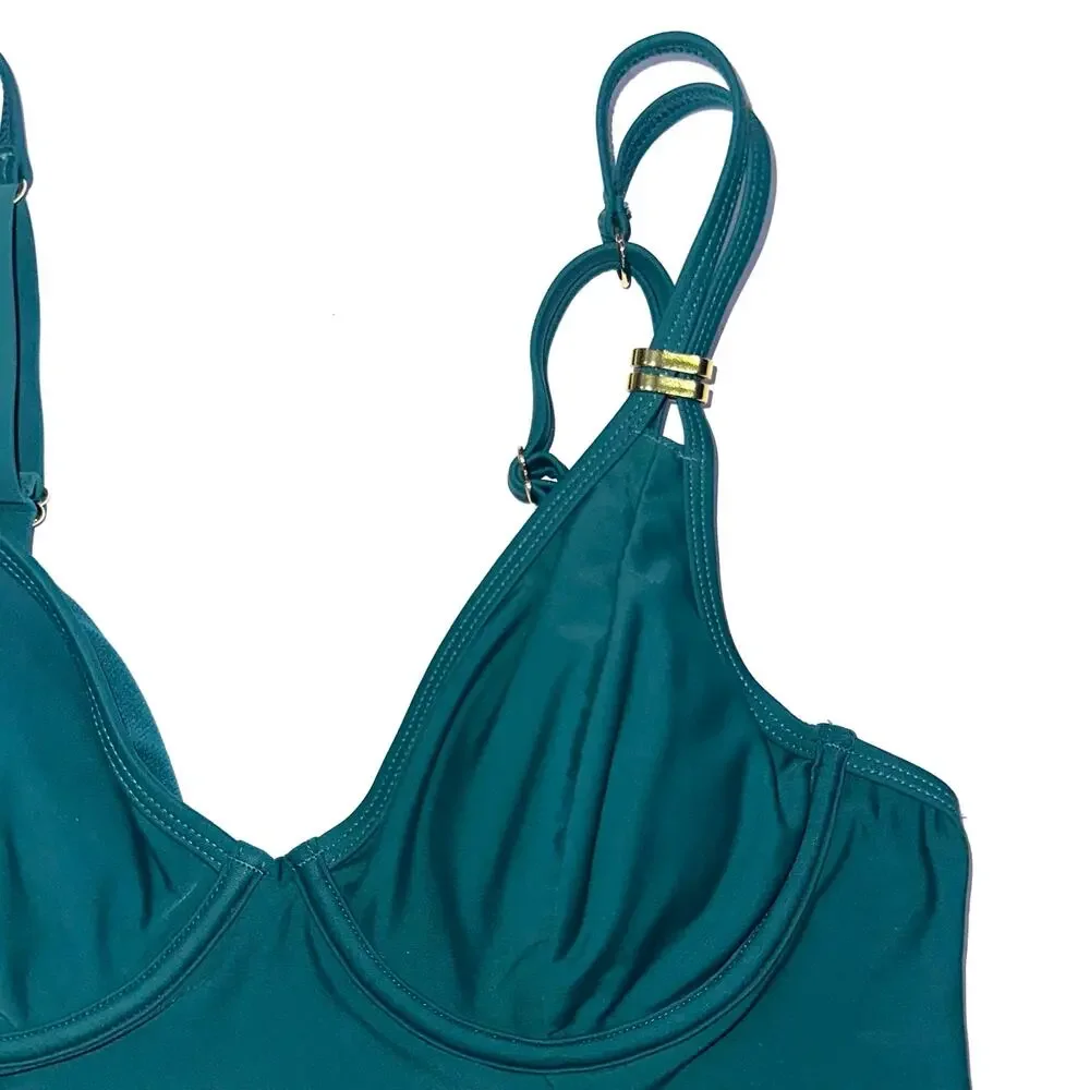 NWT Cupshe Green V-Neck Square Ring Two Piece Tankini Swimsuit Set Size M